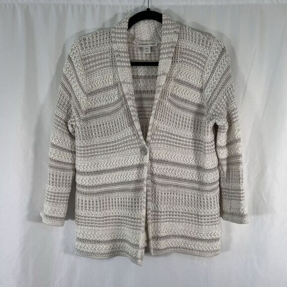 Coldwater Creek Cardigan Women's Medium White Knit Single Button Long Sleeve Cot - Picture 1 of 9